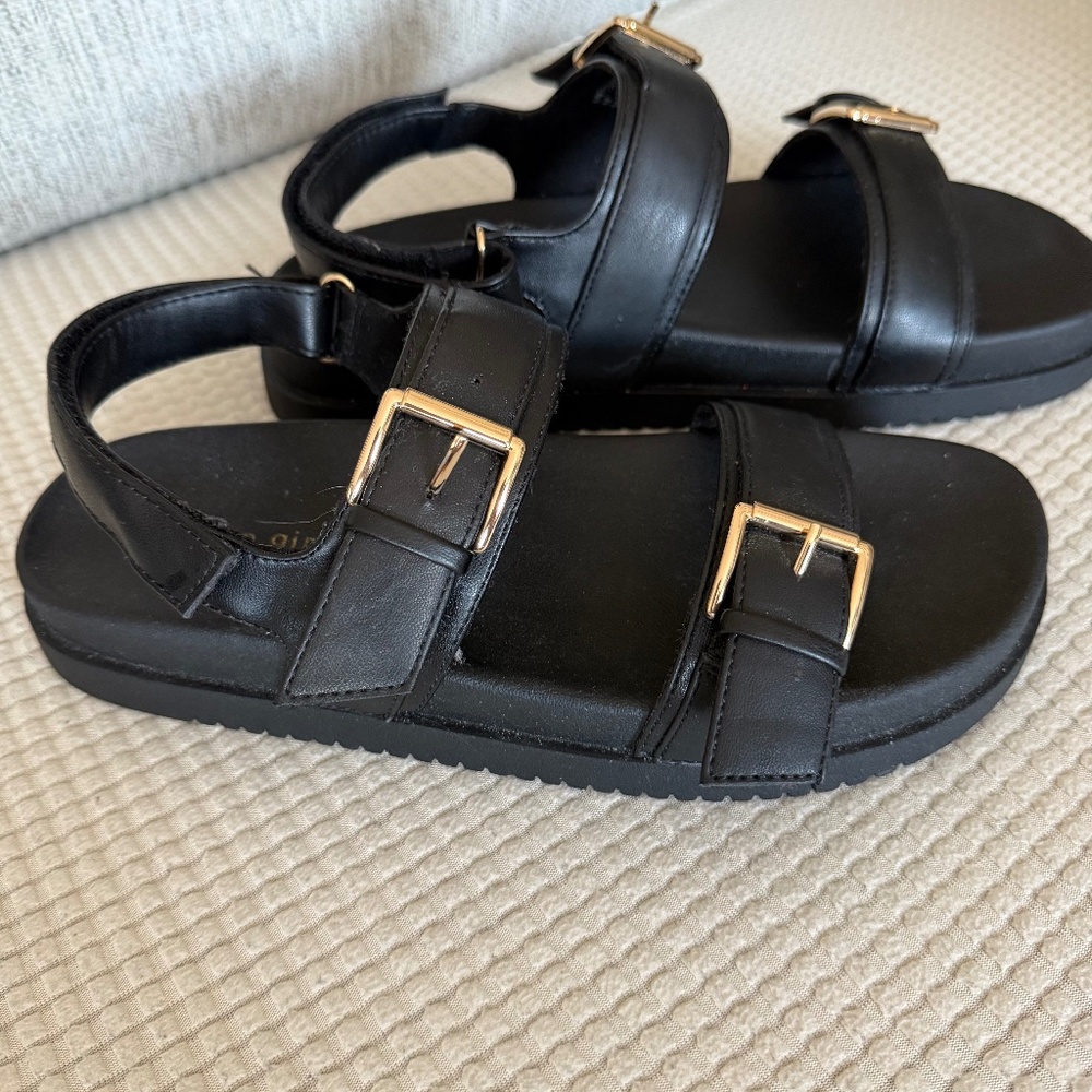 Madden Girl Women's Black Sandals, Gold Accents Adjustable straps, Size 9